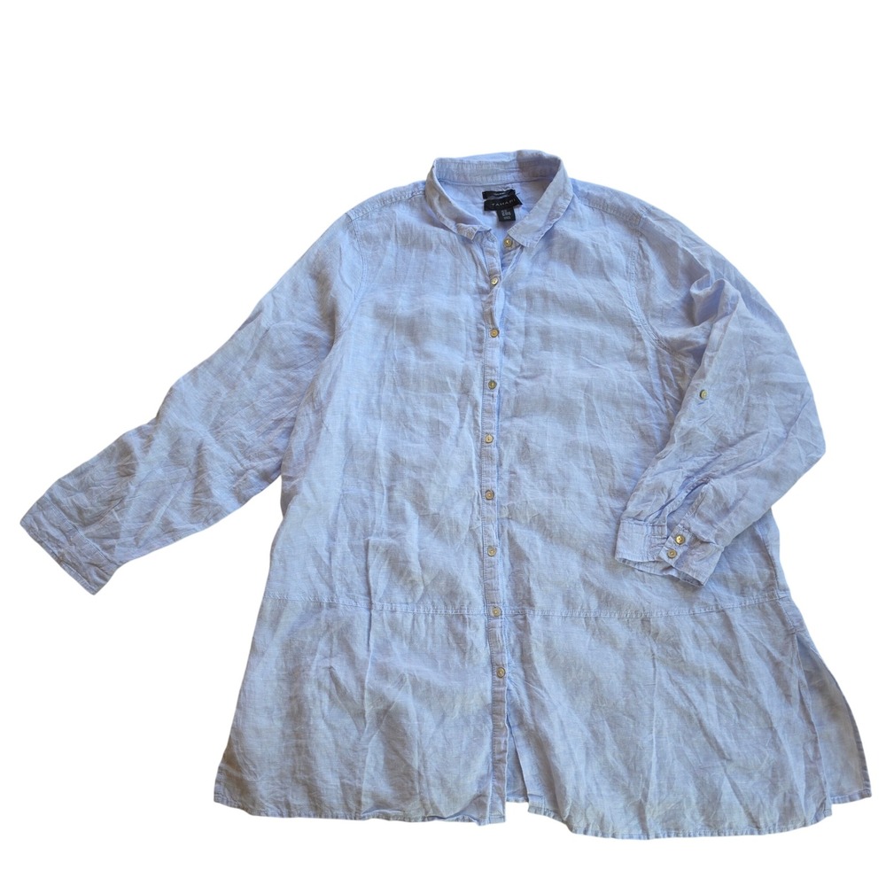 Tahari Womens 2X Light Blue 100% Linen Roll Tab Sleeve Button Down Tunic Shirt